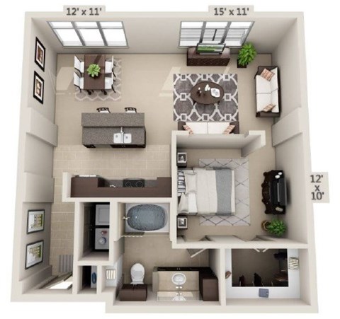 Floor plan for studio, 1 bath, 843 sqft